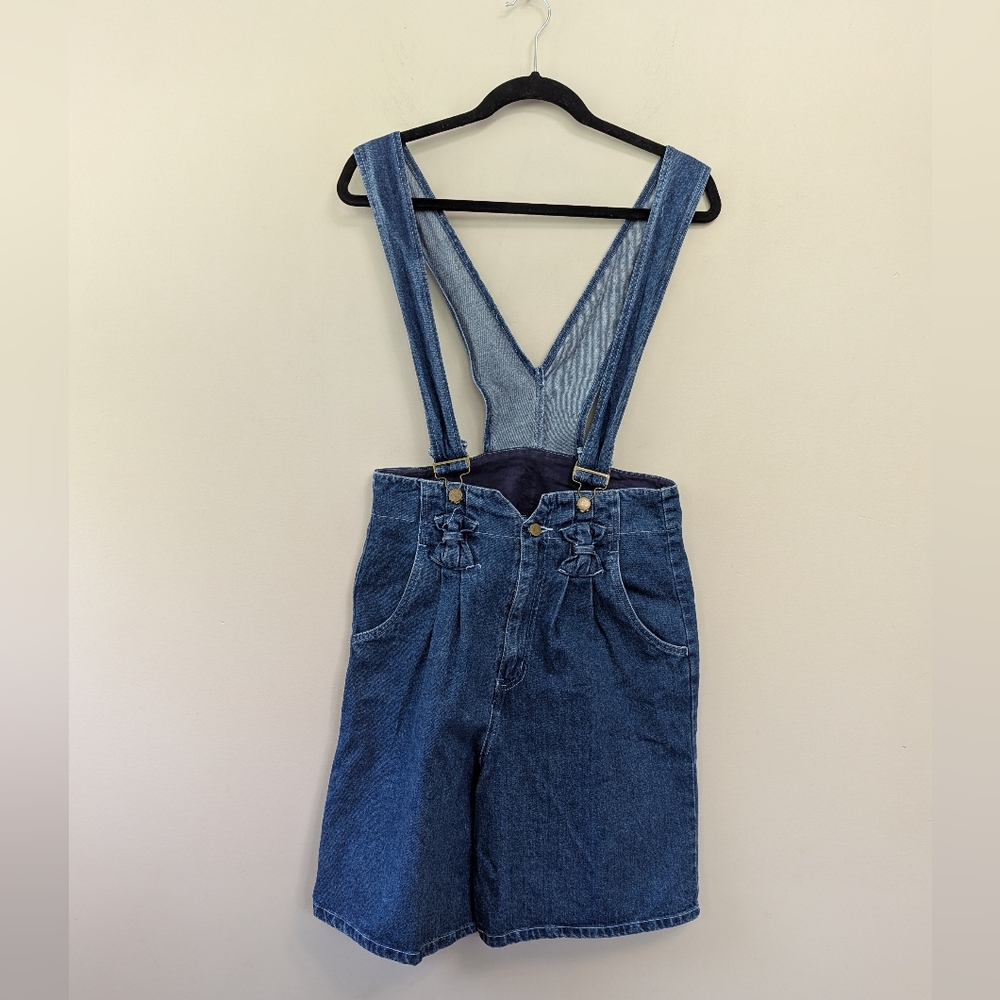 Vintage 80s Denim Overall‎ Shorts With Bow Details Bermuda Retro Kawaii
